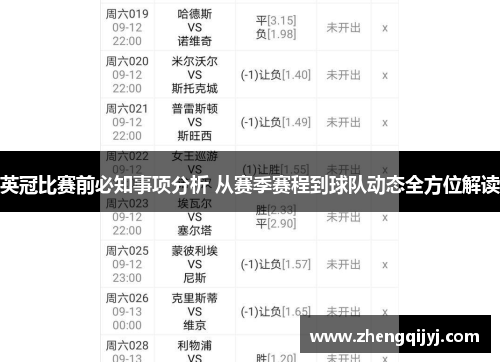英冠比赛前必知事项分析 从赛季赛程到球队动态全方位解读